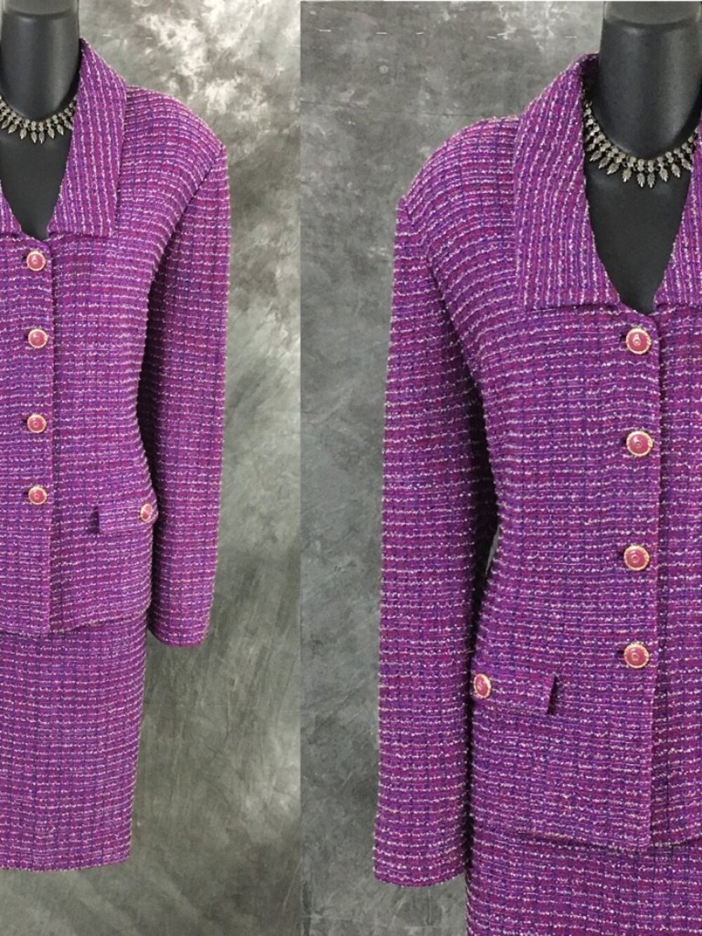 BEAUTIFUL St John couture knit purple multi jacket skirt suit size 14 - Picture 2 of 10